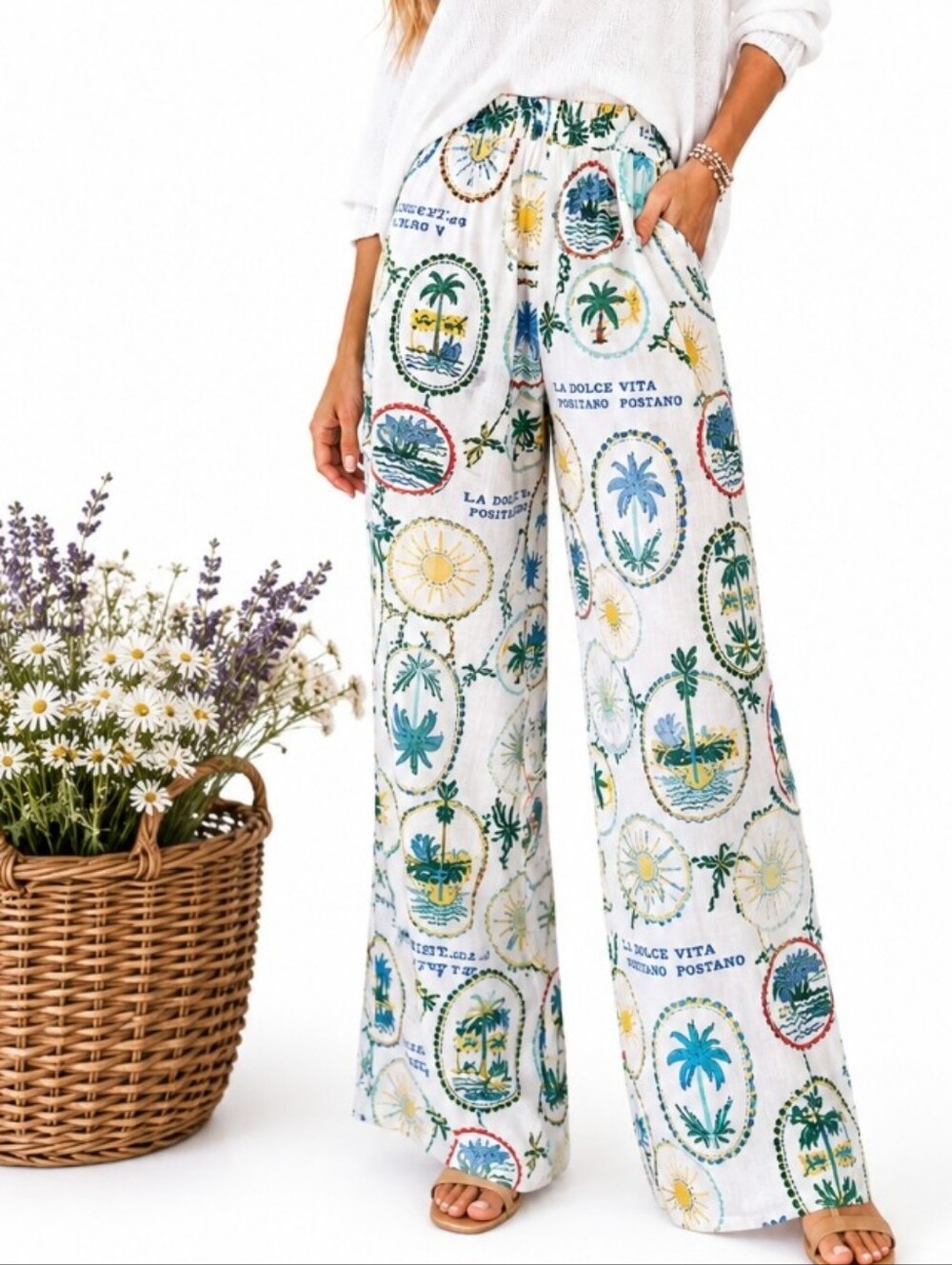 Monteau Los Angeles Tropical Resort Print Wide Leg Pull-On Pants Small